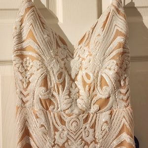 Nude/White Beaded Formal Dress Backless
